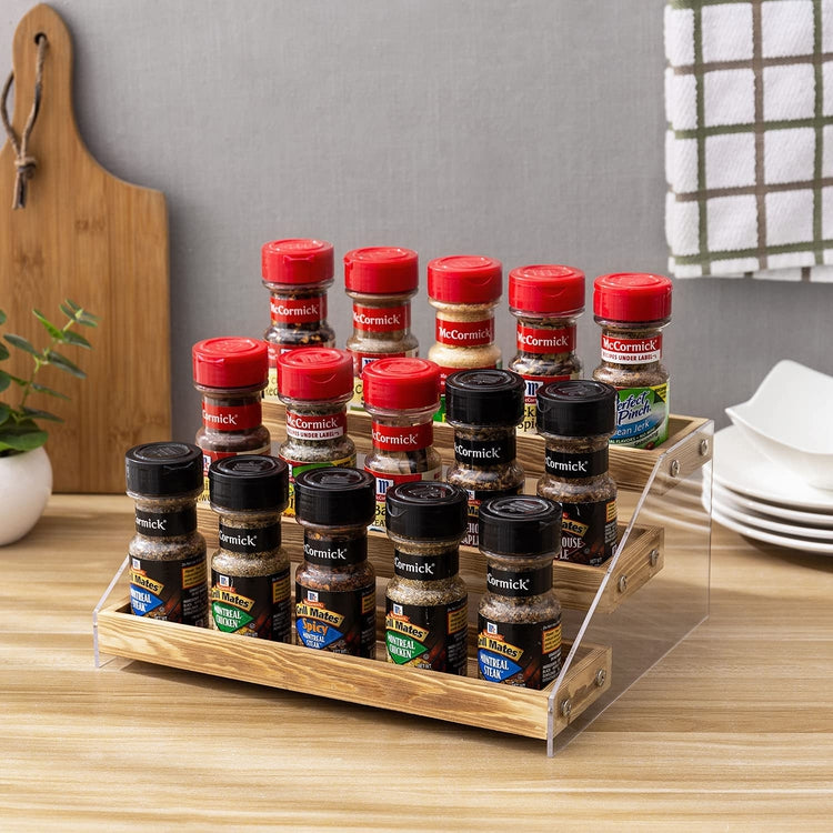 3 Tier Burnt Wood Spice Jar Rack Organizer with Clear Acrylic Stand-MyGift