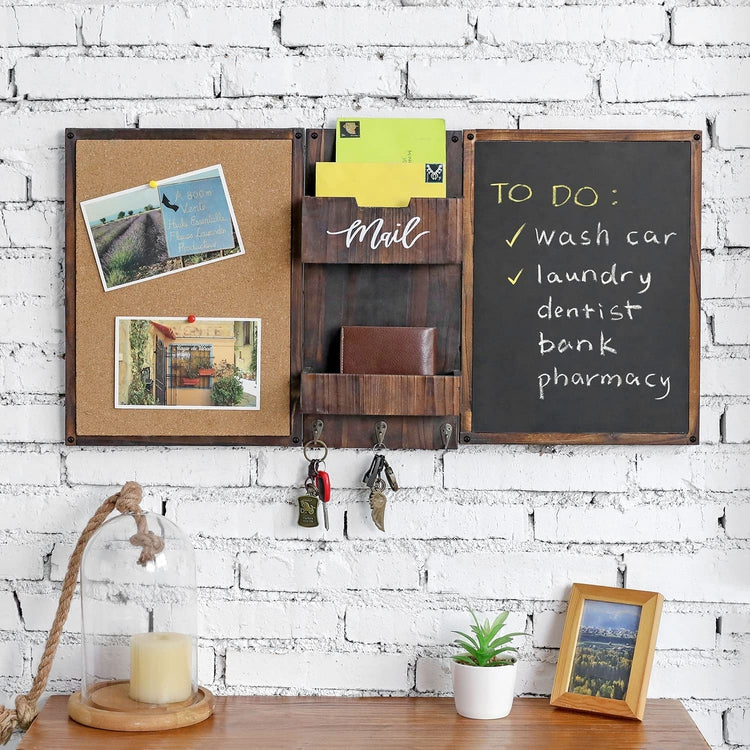 Burnt Wood Wall Mounted Entryway Organizer with Chalkboard, Bulletin Cork Board, Mail Sorter and Key Hooks-MyGift