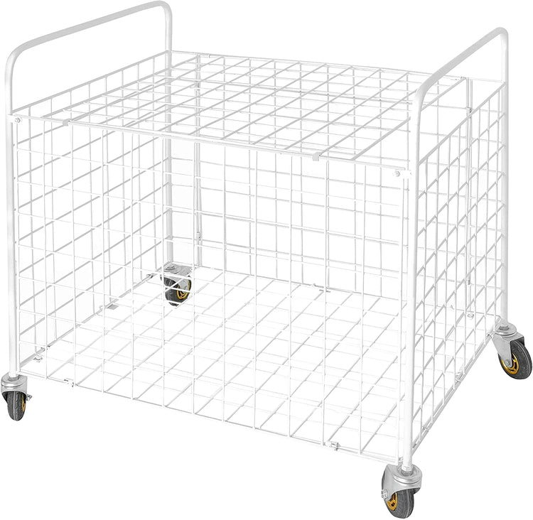 White Standard Multi Sports Rolling Ball Metal Storage Bin For Basketball, Football, Soccer Portable Equipment Cart-MyGift