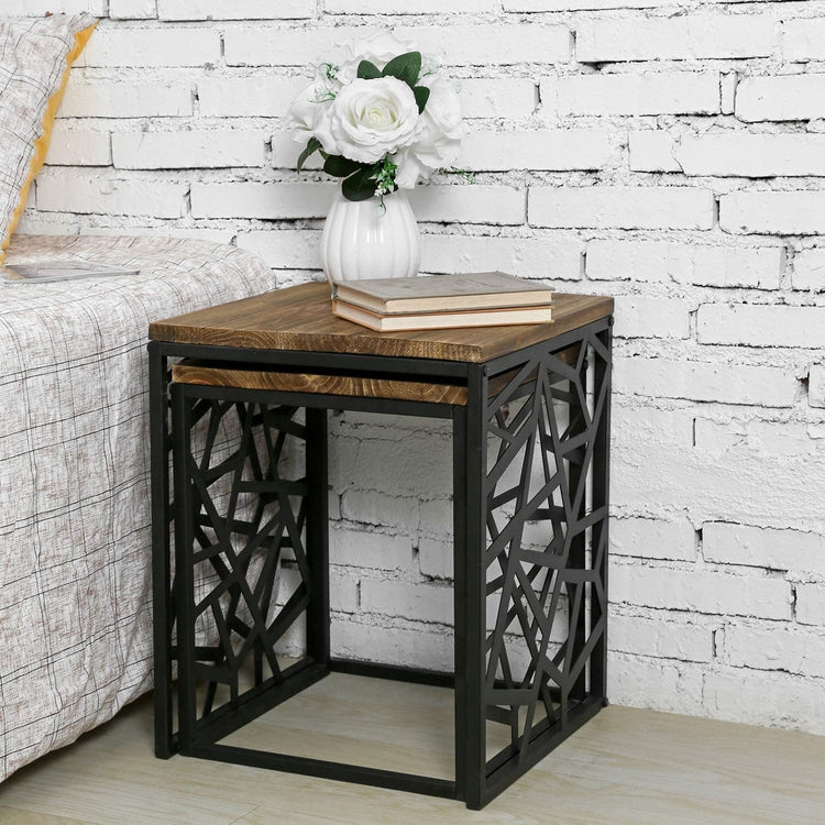 Set of 2, Geometric Cutout Style Black Metal and Burnt Wood Home Living Room Side, End Accent Tables-MyGift