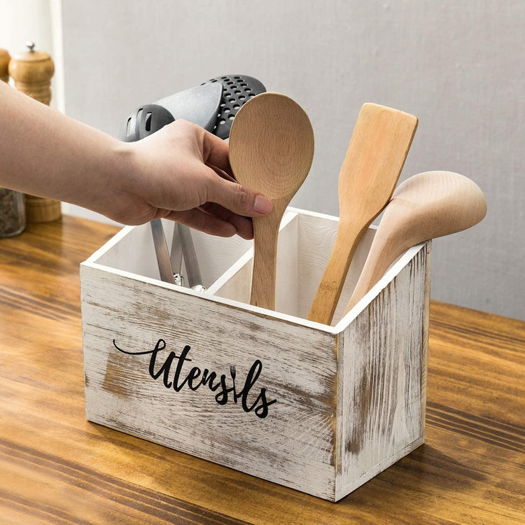 Rustic Whitewashed Solid Wood Kitchen Caddy with Cursive "Utensils" Text-MyGift