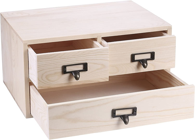 3-Drawer Natural Wood Office Storage Drawer Desktop Organizer Shelf