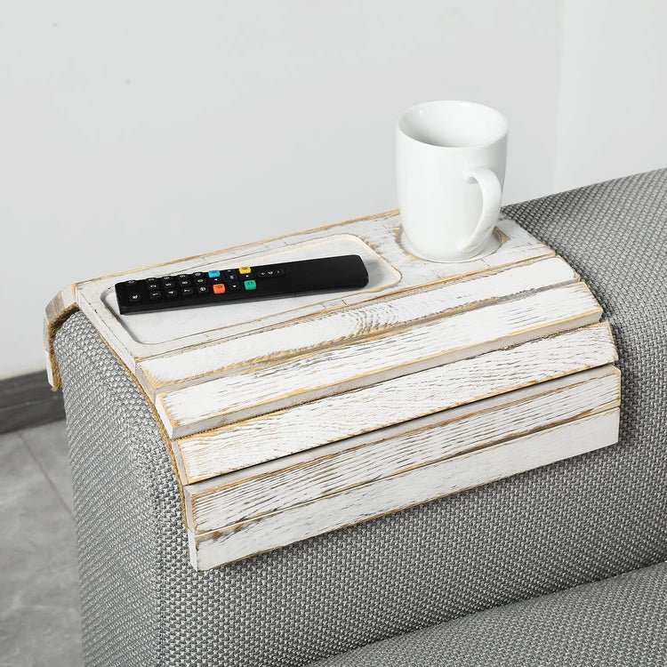 Whitewashed Wood Flexible Sofa Couch Arm Tray Table with Cup and TV Remote Control Grooves-MyGift