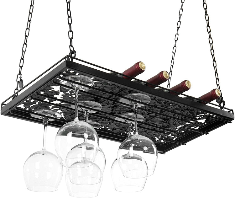 Grapevine Design Ceiling Mounted Wine Bottle Holder and Stemware Rack, Wine Glass Storage Hanger-MyGift
