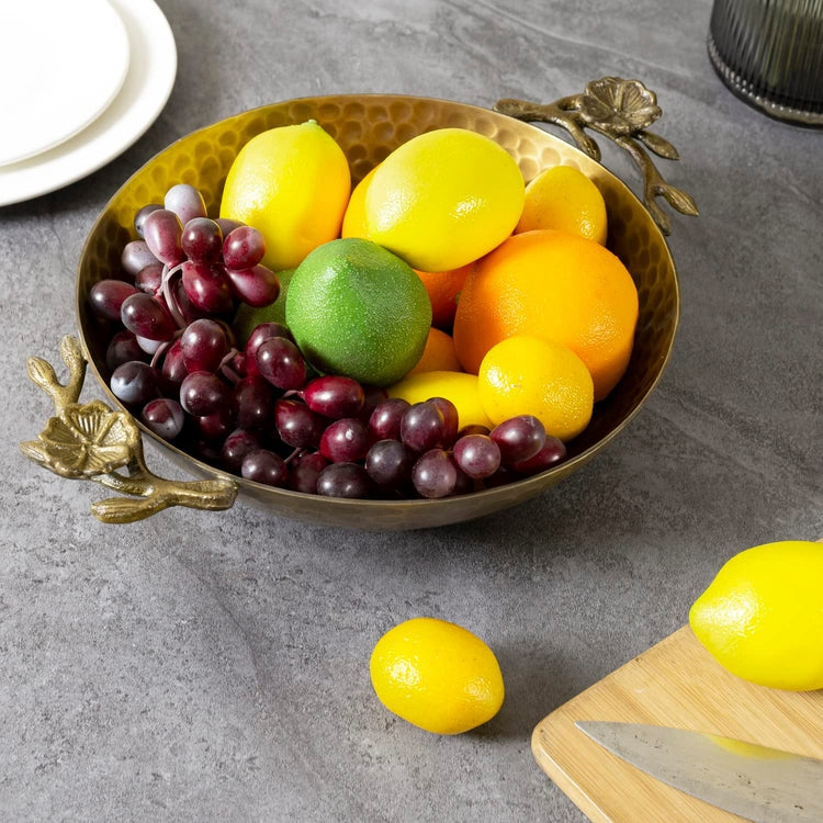 Brass Tone Hammered Metal Fruit Bowl with Floral Shaped Handles, Tabletop Centerpiece Tray Serving Platter Dish