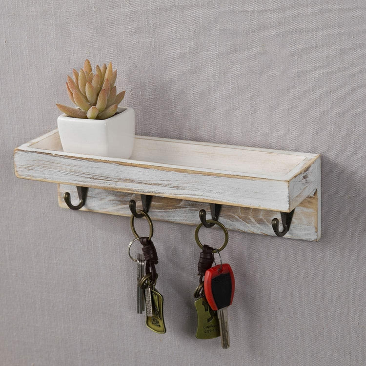 Vintage Whitewashed Wood Wall Mounted Entryway Storage Shelf with 4 Antique Metal Key Hooks Decorative Key Holder-MyGift