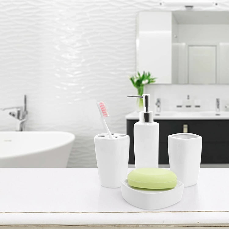 4 Piece White Ceramic Bathroom Set, Pump Soap Dispenser, Toothbrush Holder, Tumbler Cup & Soap Dish-MyGift
