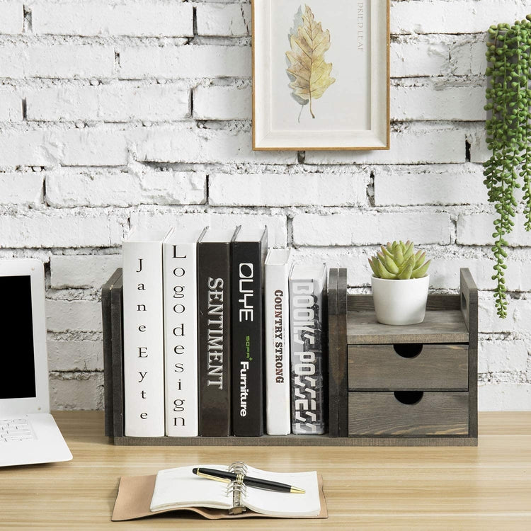 Gray Solid Wood Desktop Organizer with Expandable Bookshelf and 2 Drawers