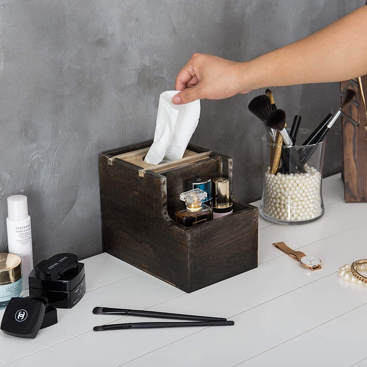Rustic Two-Tone Wood Square Tissue Box Cover with Vanity Organizer