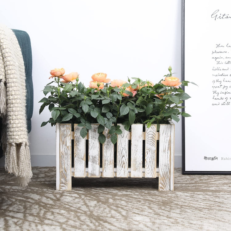 Whitewashed Wood Raised Planter Box, Decorative Slatted Trough Style Small Indoor Plant Crate