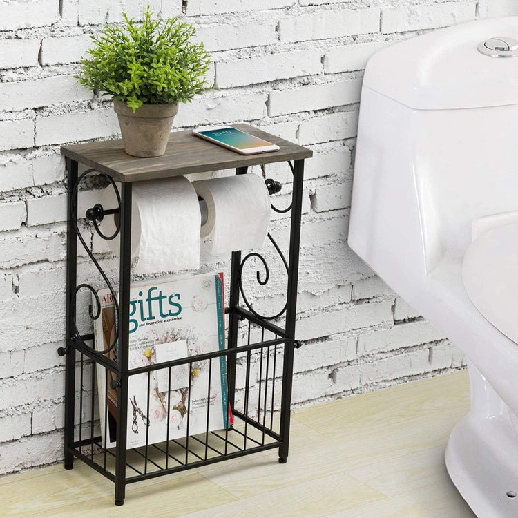 Black Metal Dual Toilet Paper Roll Holder with Gray Wood Storage Shelf and Bottom Magazine Basket
