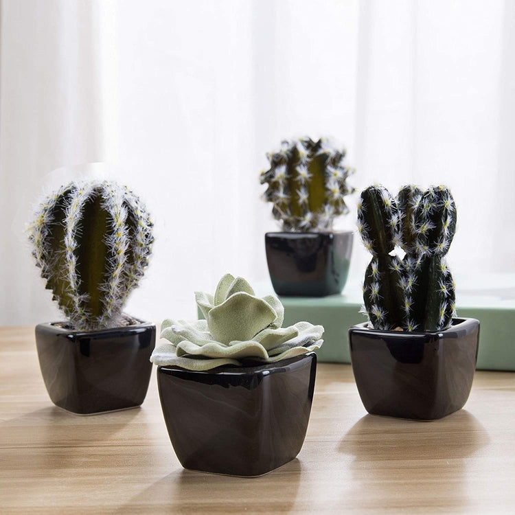 Pack of 4 Mini Assorted Faux Cactus Plants in Square Black Planter Pots, Fake Dessert Plant or Faux Plant for Home or Office-MyGift