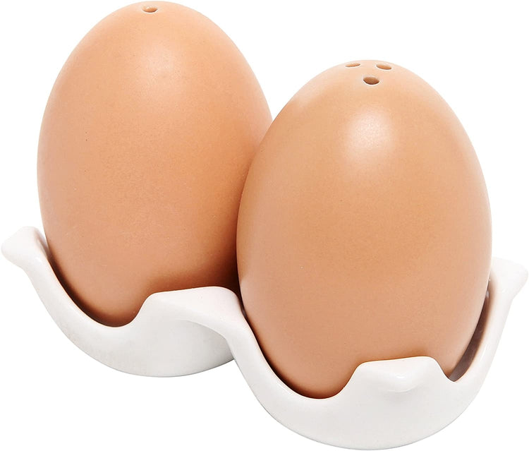 Brown Egg-Shaped Salt and Pepper Shaker Set with Egg Carton Style Holder-MyGift