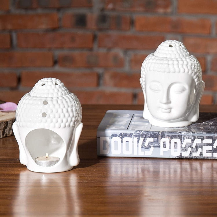 Set of 2 Translucent White Ceramic Buddha Head Statue Tealight Candle Holder and Aromatherapy Oil Burner Diffuser