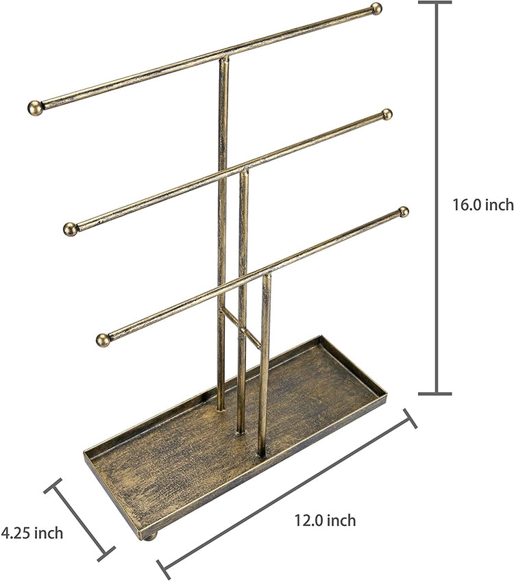 3 Tier Metal Rod Jewelry Display Stand in Antique Matte Brass Finish with Ring Tray-MyGift