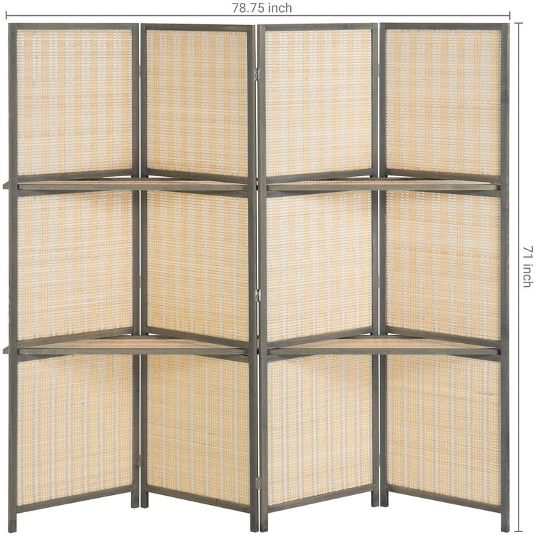 4-Panel Deluxe Woven Bamboo Dark Gray Room Divider with Removable Storage Shelves-MyGift