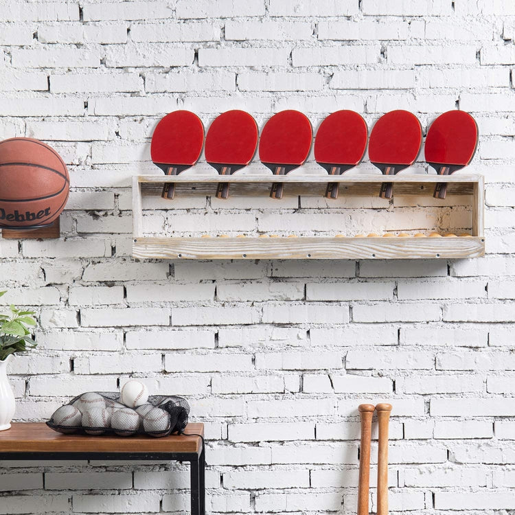 Whitewashed Wood, Wall Mounted Ping Pong Paddle Display Rack with Ball Storage Shelf