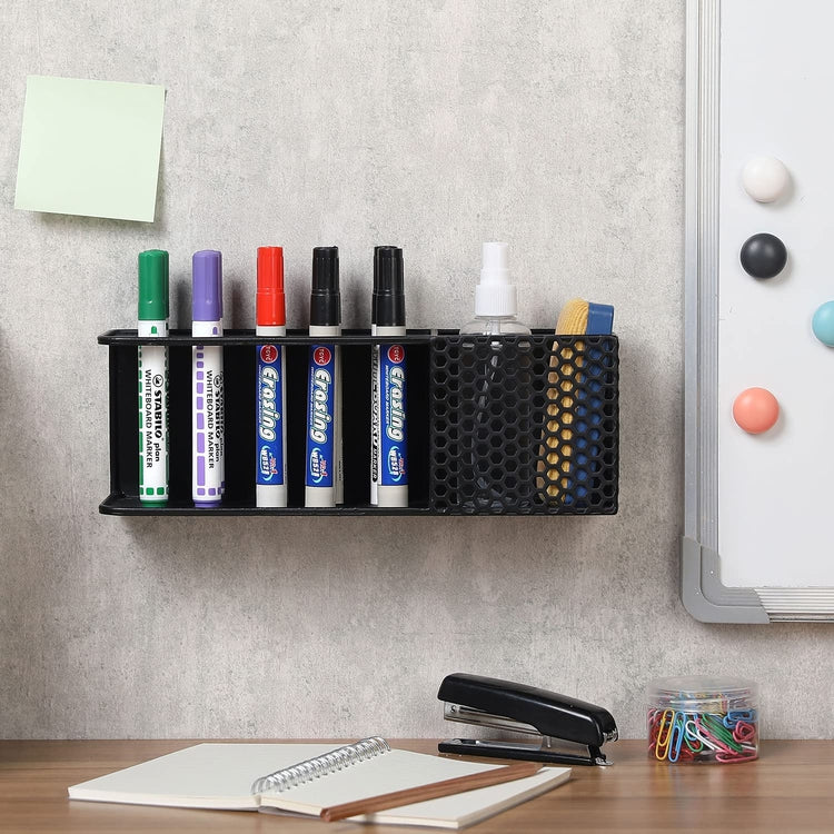 MyGift Black Acrylic Whiteboard Marker Holder Organizer, Wall Mounted  Storage Rack for Dry Erase Markers, Eraser and Cleaning Bottle