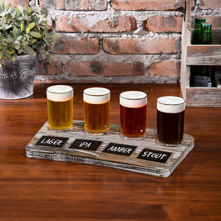 Torched Wood Beer Tasting Flight Tray with Chalkboard Labels, 4 Beer Glasses