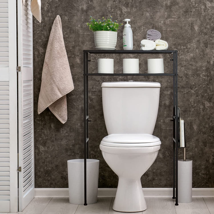 2-Tier Freestanding Matte Black Metal Over-the-Toilet Storage Rack with  Magazine Holder Basket