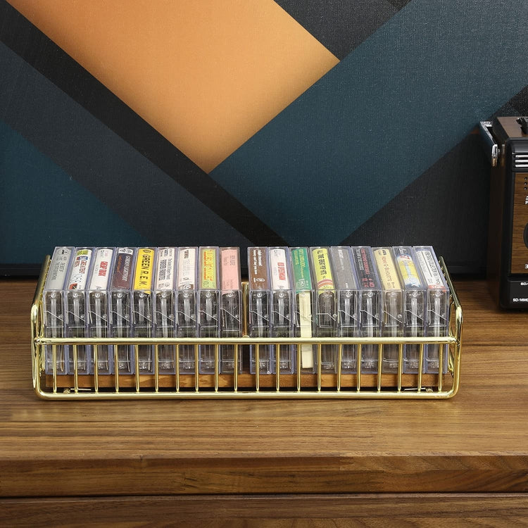 Retro Cassette Tape Storage Rack with Brass Tone Metal Wire Frame and Burnt Wood Base