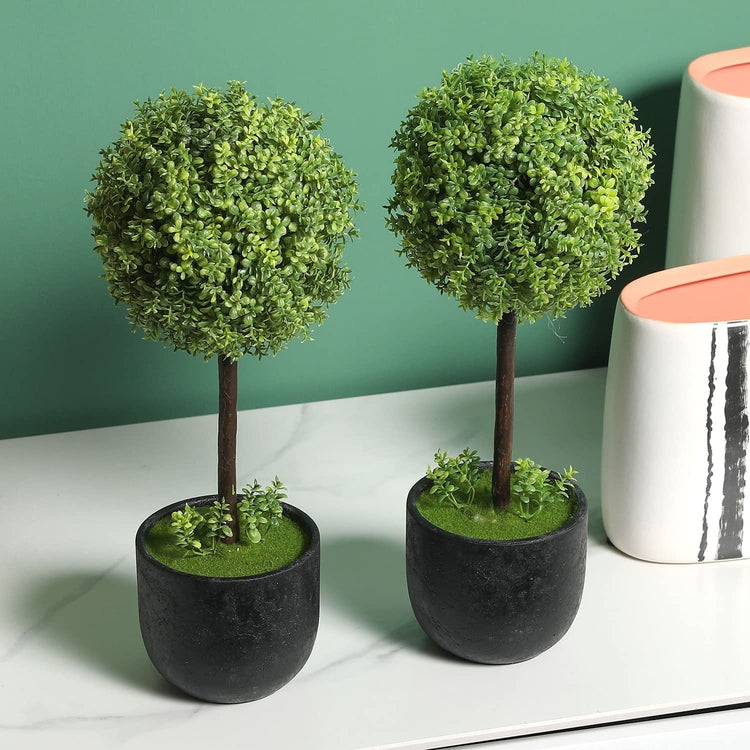Set of 2, 13 Inch Artificial Boxwood Topiary Trees, Faux Tabletop Decorative Plants with Black Pots-MyGift