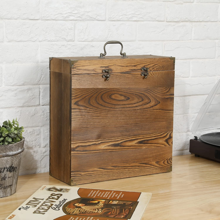 Burnt Wood Portable Vinyl Record Storage Box with Antique Carrying Handle and Locking Latches