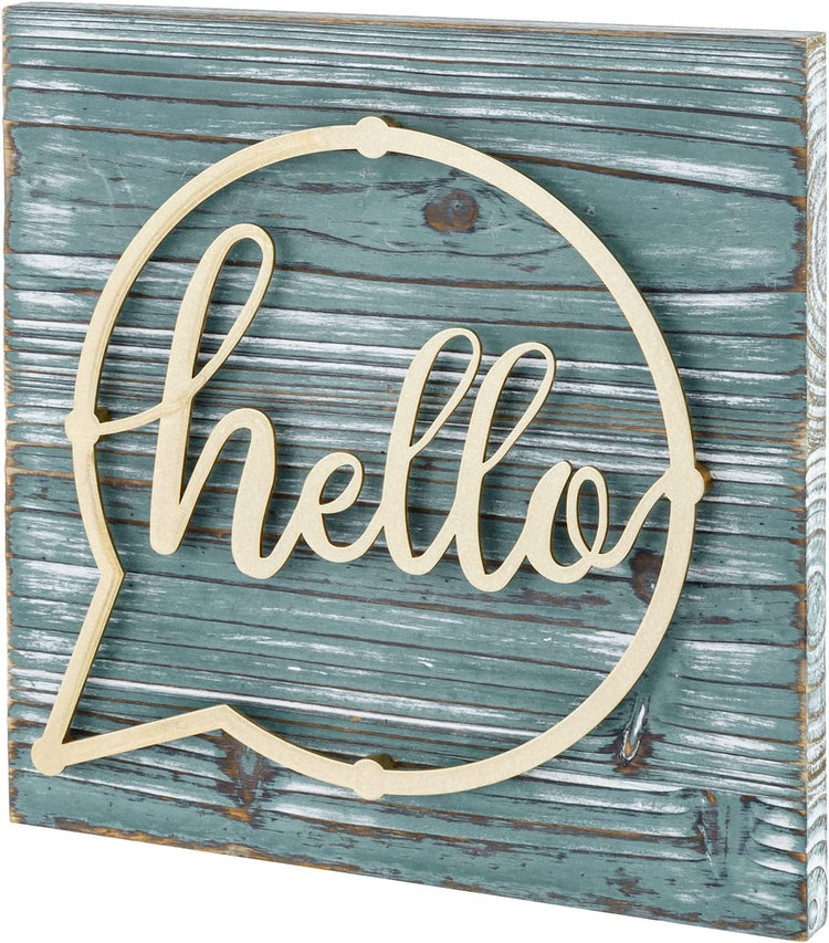 Distressed Weathered Green Wood and Brass Metal Wall Mounted "hello" Letter Sign Hanging Entryway Decoration-MyGift