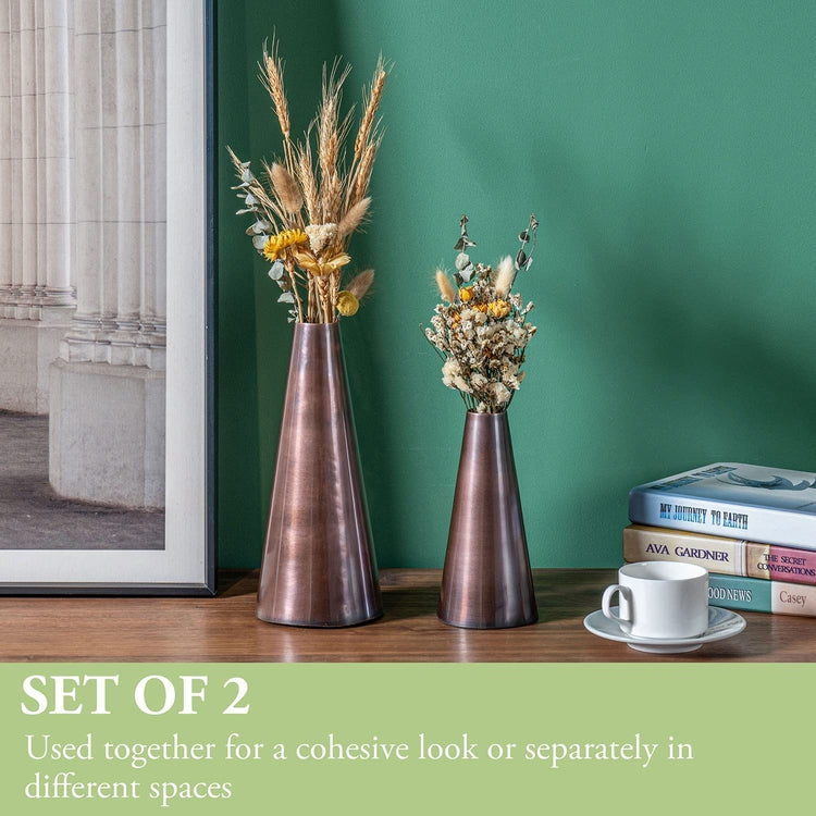 Copper Tone Metal Tapered Flower Vases, Handcrafted Decorative Tabletop Centerpiece for Floral Arrangements