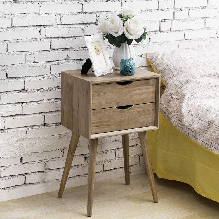 Light Brown Solid Wood Dual Drawer Nightstand-MyGift