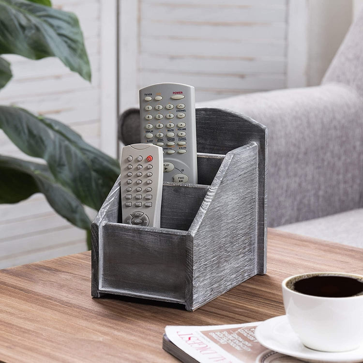 3 Slot Gray Remote Control Caddy with Whitewashed Wood Finish, Media Storage Holder Rack-MyGift