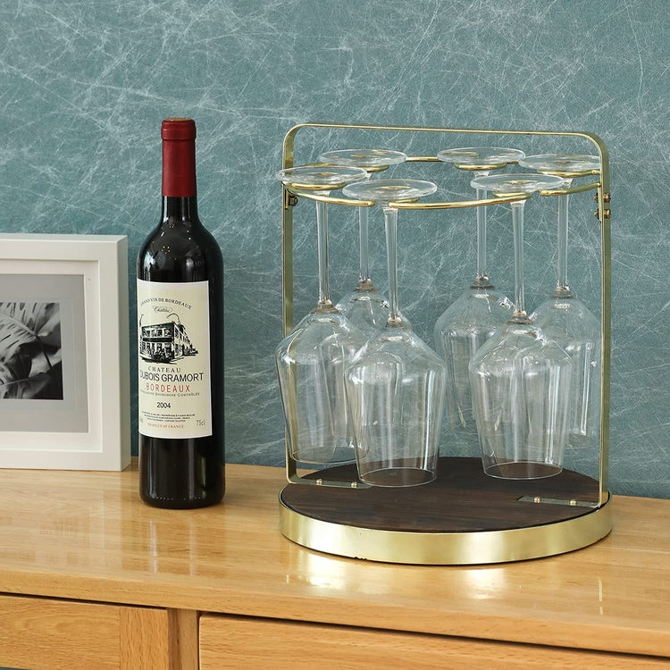 Brass Metal and Burnt Wood Tabletop Stemware Holder Rack, Wine Glass Serving Caddy-MyGift