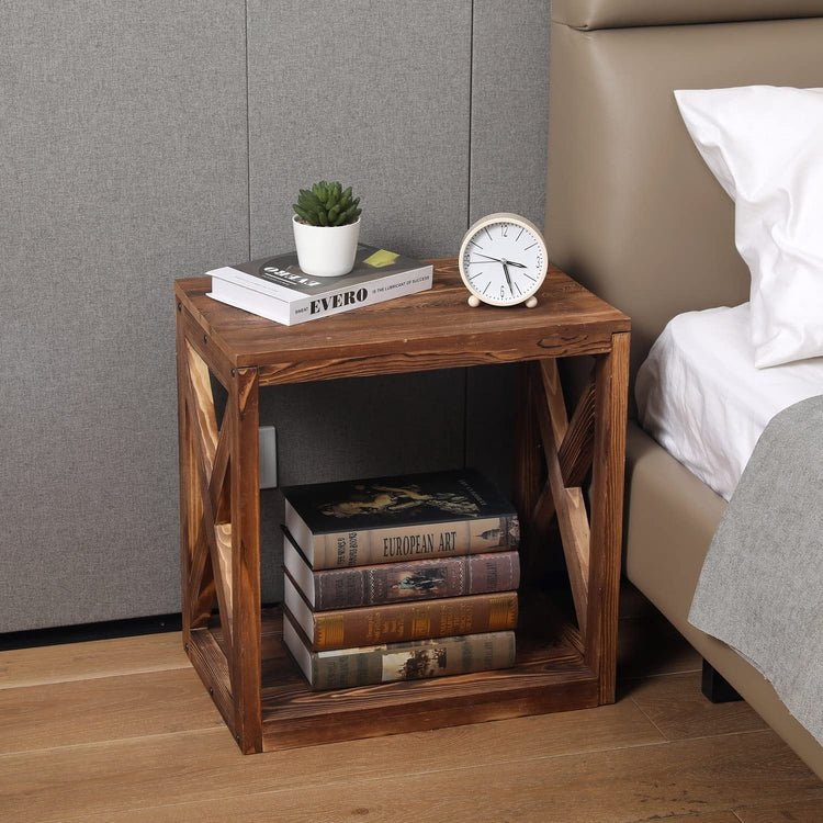 Rustic Farmhouse Burnt Wood Rectangular Side End Table with Storage