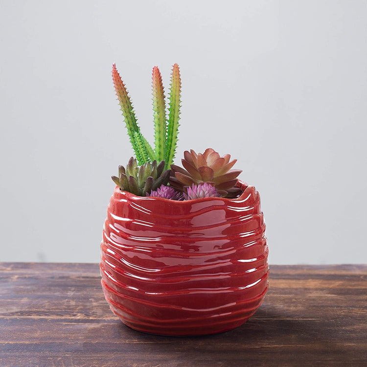5.5 Inch Red Ceramic Wavy Design Flower Planter