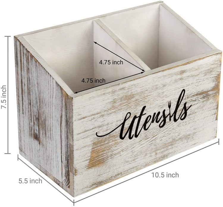 Rustic Whitewashed Solid Wood Kitchen Caddy with Cursive "Utensils" Text-MyGift