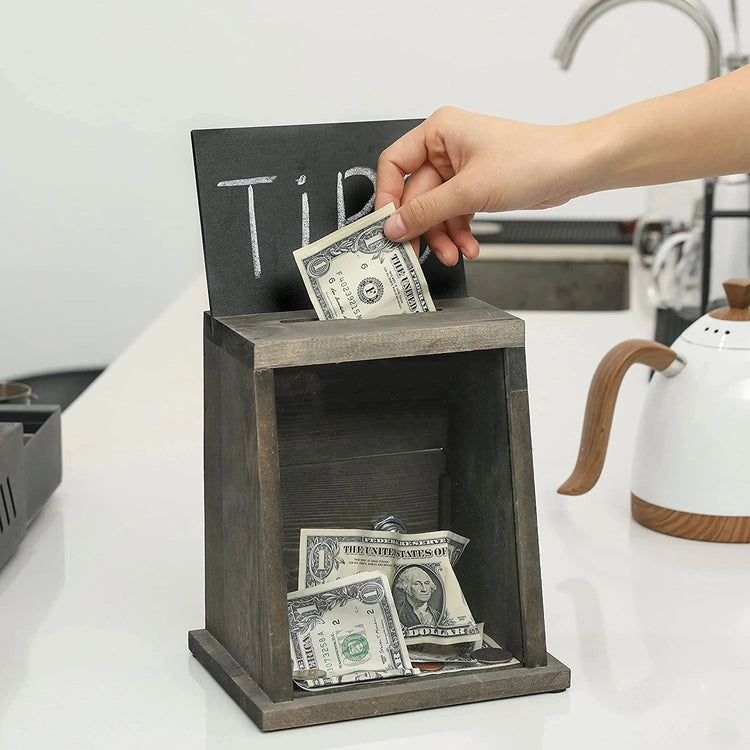 Gray Wood Tip Collection and Donation Box with Window Panel, Top Slot, Lock, Key, Removable Chalkboard, Clear Sign Holder-MyGift