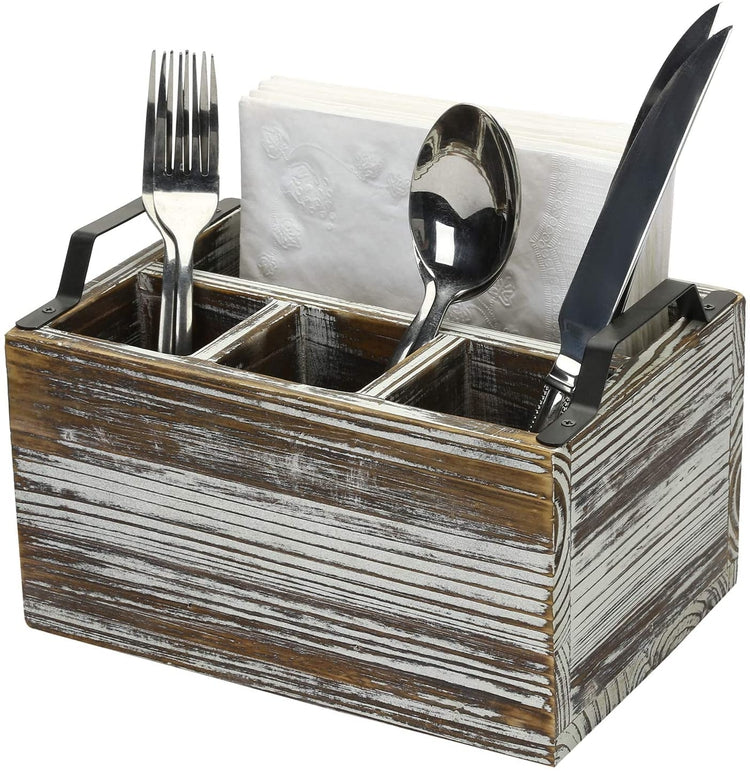 Rustic Torched Wood 4-Compartment Utensil and Napkin Dispenser Holder Caddy with Black Metal Handles-MyGift