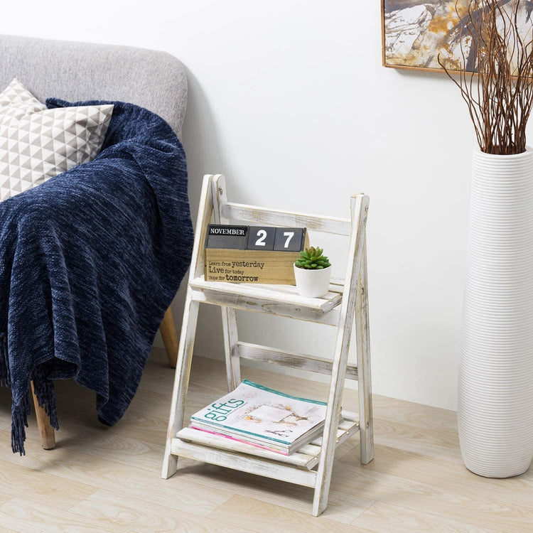 2-tier Whitewashed Wood Foldable Ladder Planter Display Stand