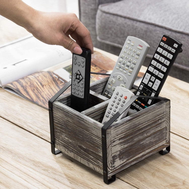 4-Slot Tabletop Torched Wood and Black Metal Remote Control Holder Caddy-MyGift