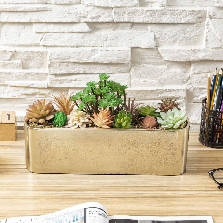 Gold Metal Succulent Planter Pot, Elongated Oval Flower Vase Plant Holder Tabletop Centerpiece