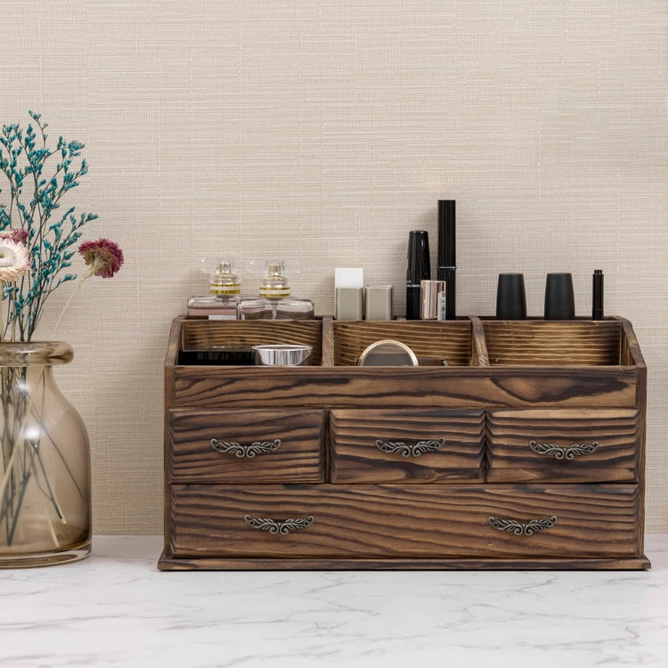 Burnt Brown Wood Vanity Organizer Rack with 4 Storage Drawers for Jewelry,  Perfume, Cosmetics and Hair Accessories