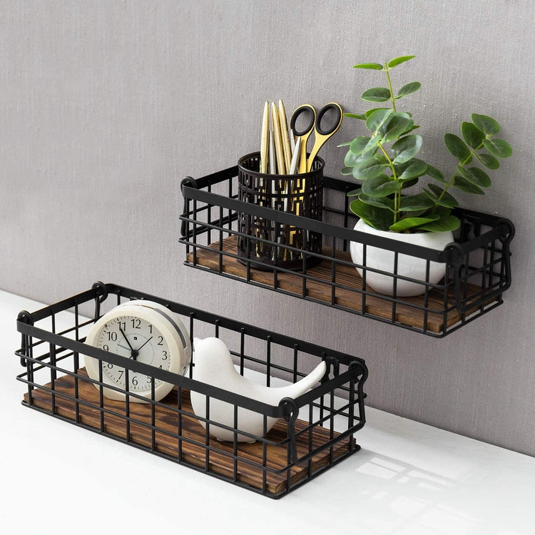 Set of 2, Wall Mounted or Tabletop Black Metal Wire and Burnt Wood Small Decorative Storage Baskets-MyGift