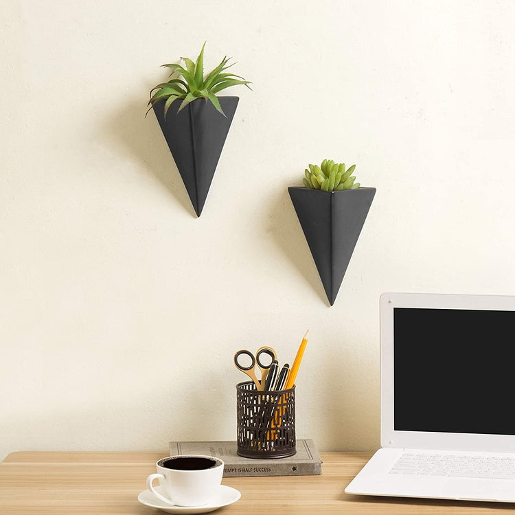 Pyramid Black Ceramic Wall-Mounted Sconce-Style Succulent Planter Vases, Set of 2