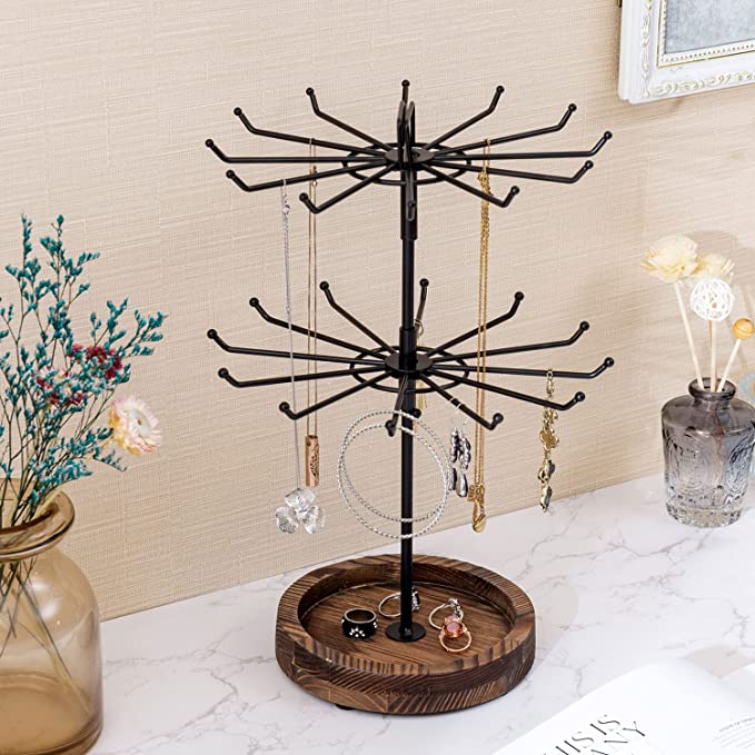 Black Metal & Burnt Wood Base Rotating 2 Tier Jewelry Tree Organizer with 24 Hooks & Top Handle Card Holder-MyGift