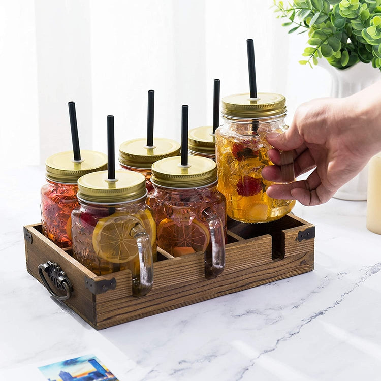 7-Piece Set Mason Jar Mug Glasses in Wood Caddy with Metal Corner Brackets & Handles-MyGift