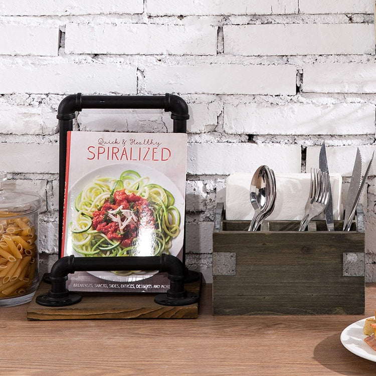 Brown Wood & Black Metal Kitchen Cookbook Holder Recipe Stand