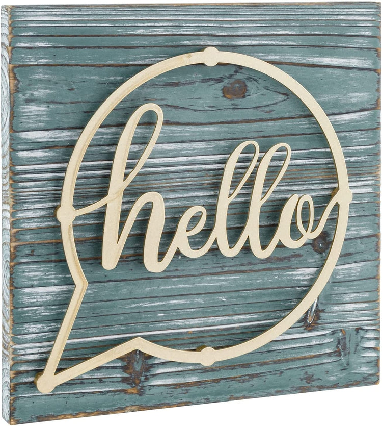 Distressed Weathered Green Wood and Brass Metal Wall Mounted "hello" Letter Sign Hanging Entryway Decoration-MyGift