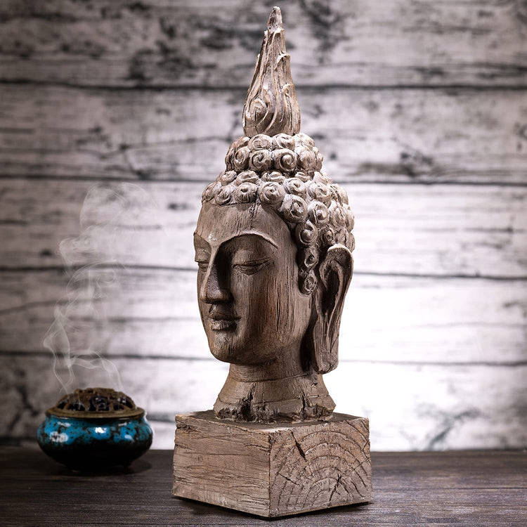 Faux Weathered Wood, Decorative Buddha Head Statue Sculpture-MyGift