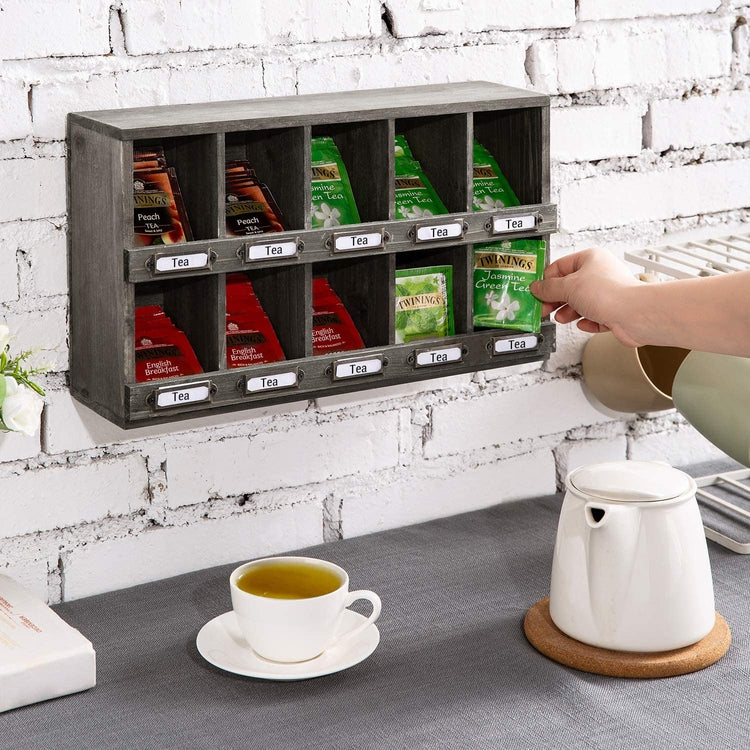 Wall Mounted Tea Bag Storage Box with Vintage Label Holders-MyGift