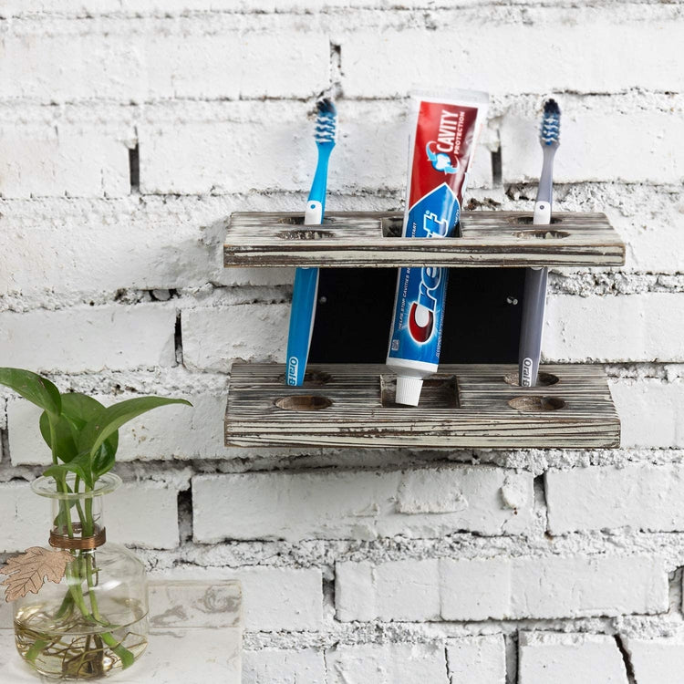 Wall Mounted Torched Wood Toothbrush & Toothpaste Holder
